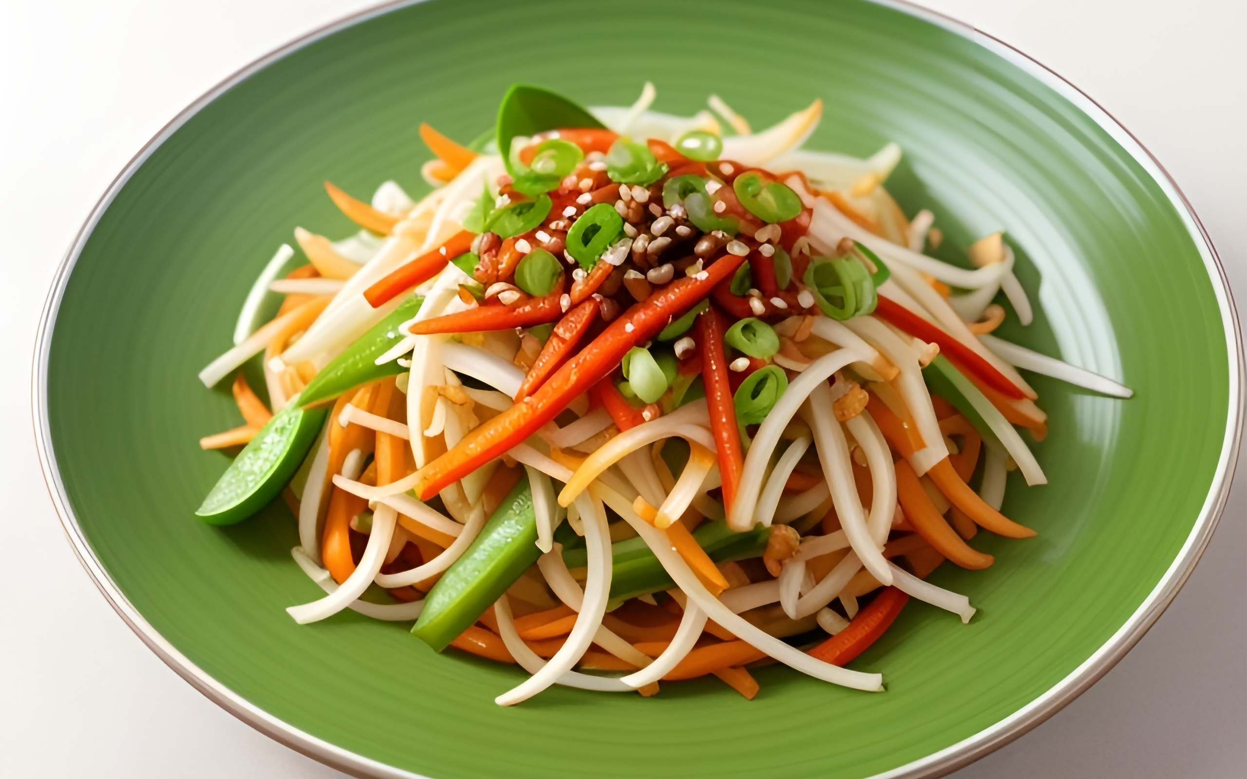 Салат из свежих натертый овощей на зеленой тарелке