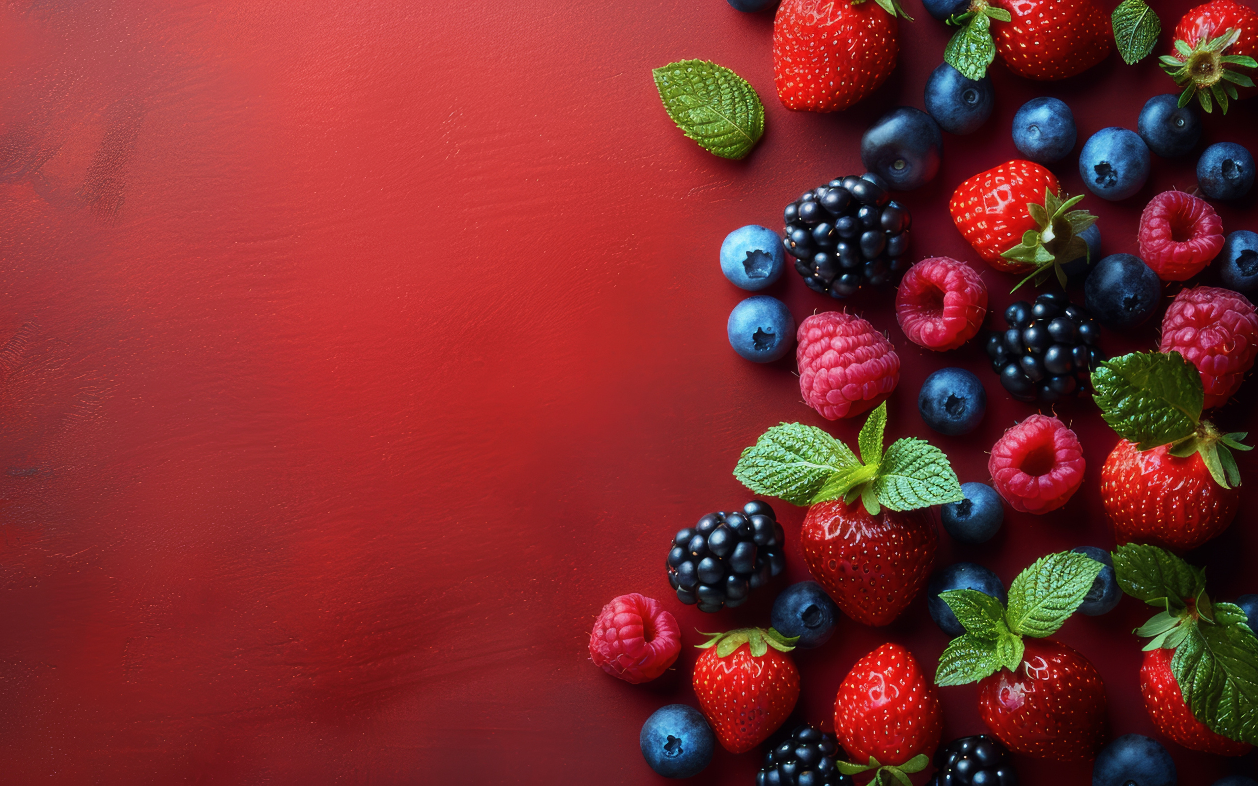 Спелые свежие ягоды с листьями мяты на красном фоне