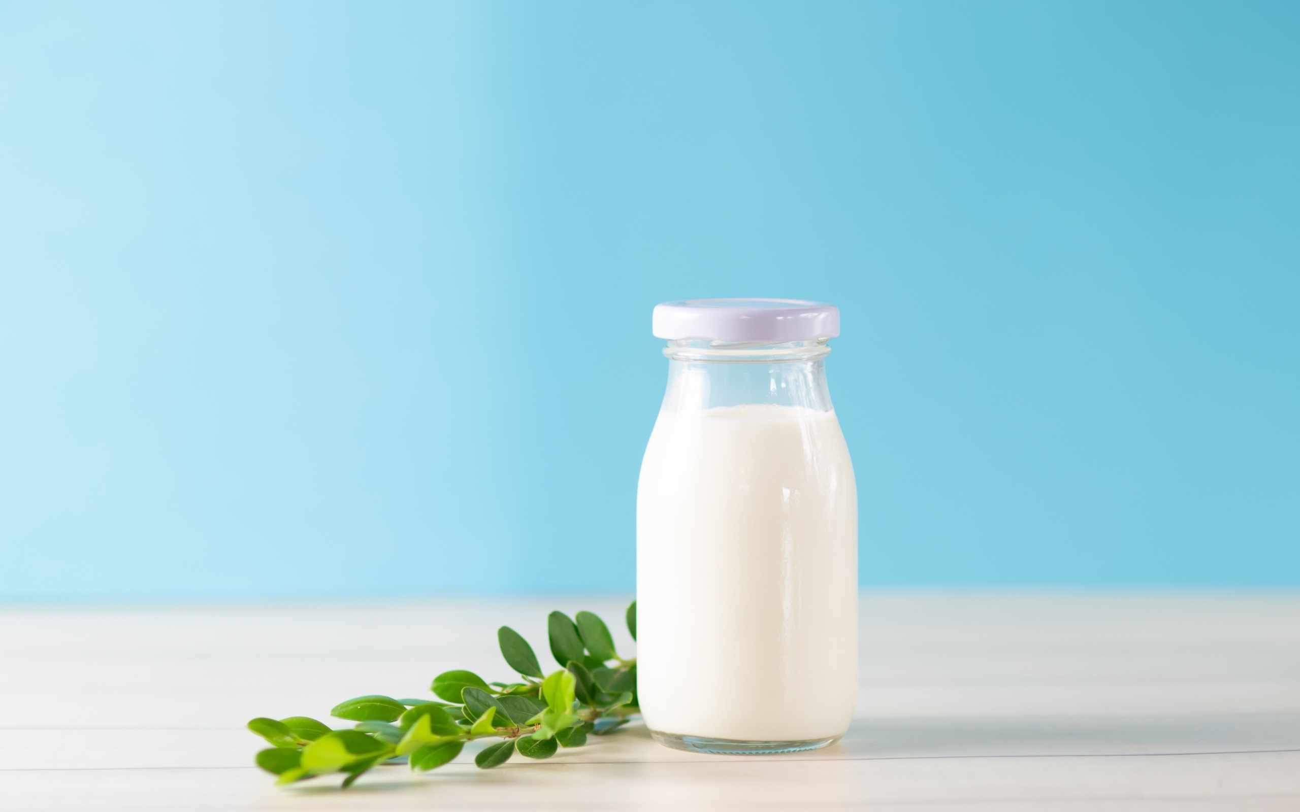 Бутылка молока с листьями на голубом фоне