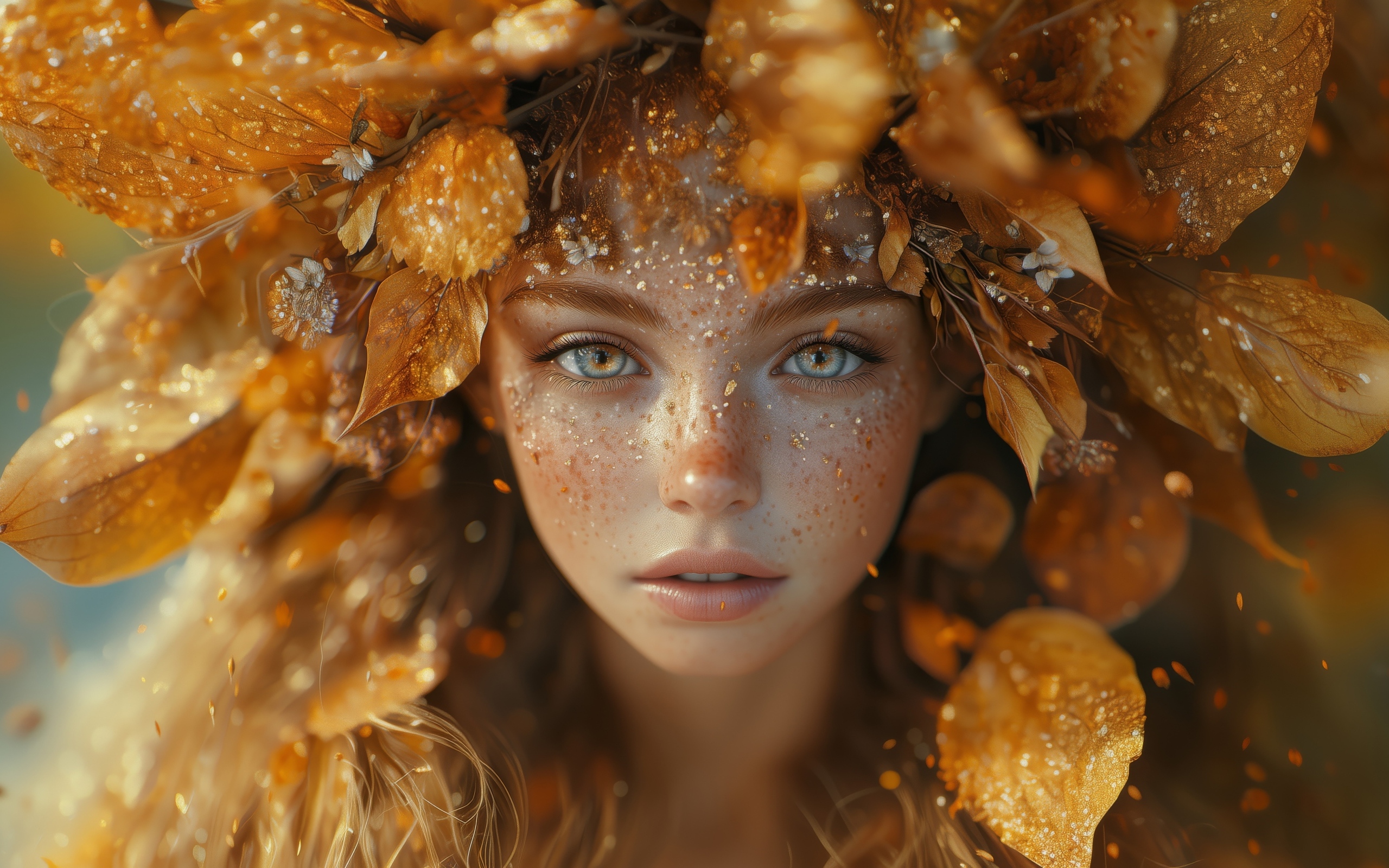 Рыжеволосая девушка осень с листьями на голове