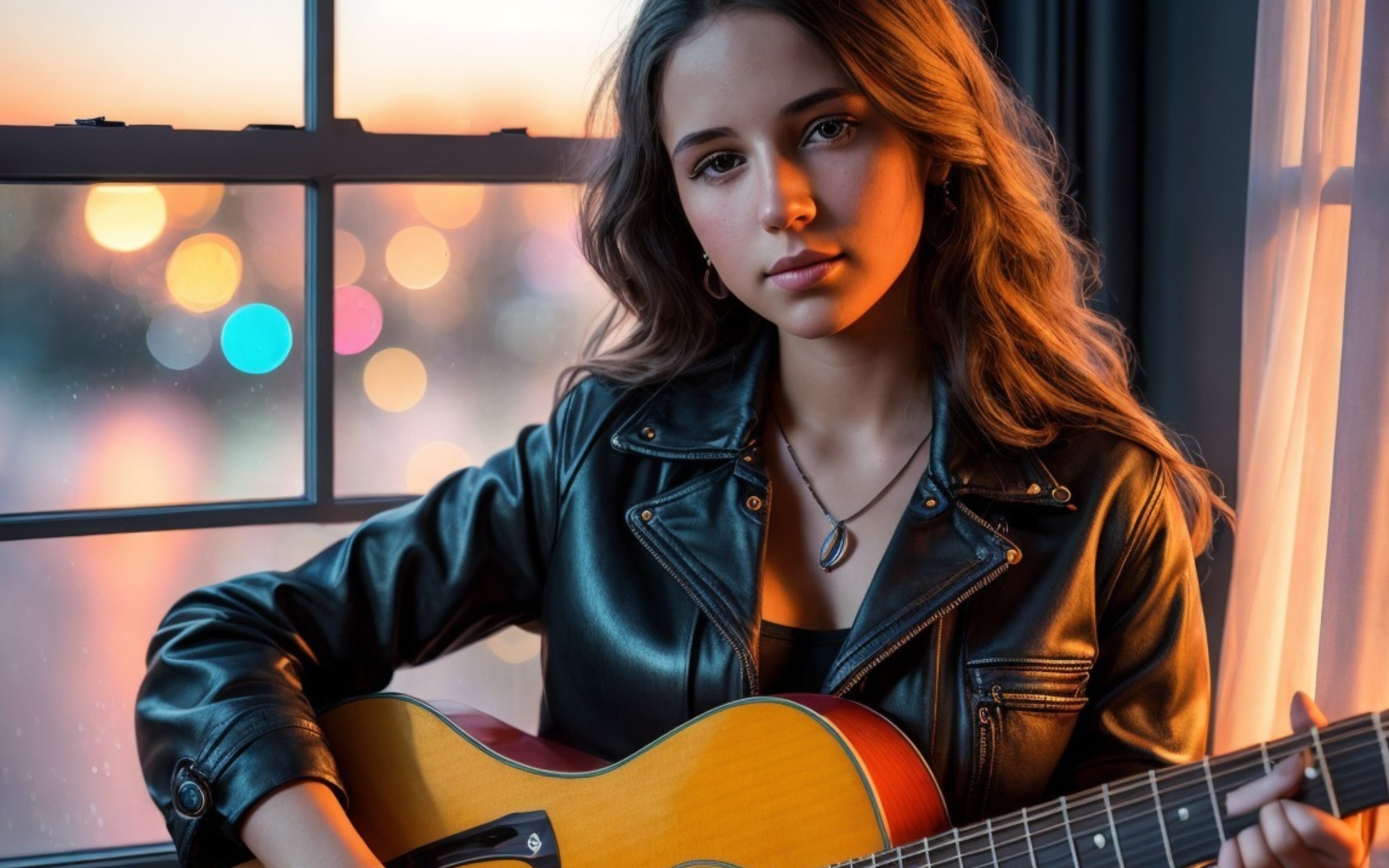 Красивая девушка с гитарой сидит у окна