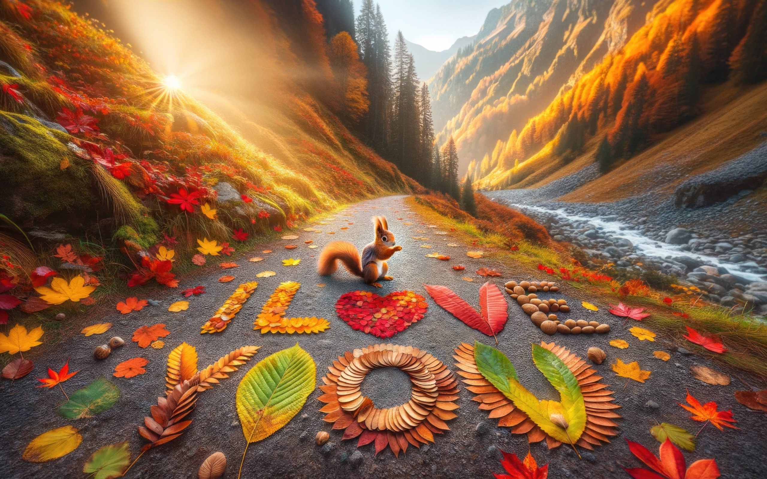 Надпись из листьев на дороге Я тебя люблю