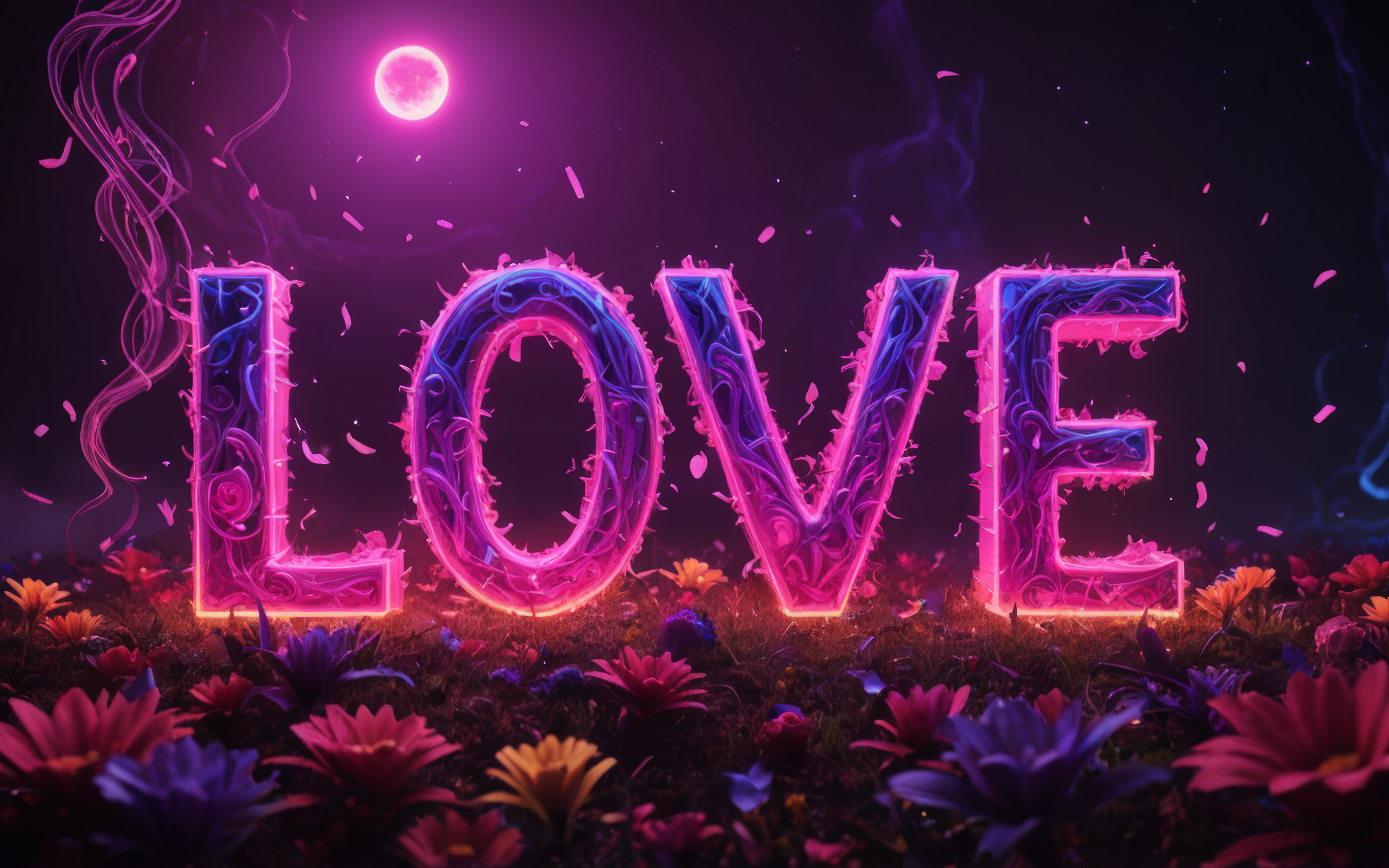 Надпись любовь в свете луны с волшебными цветами