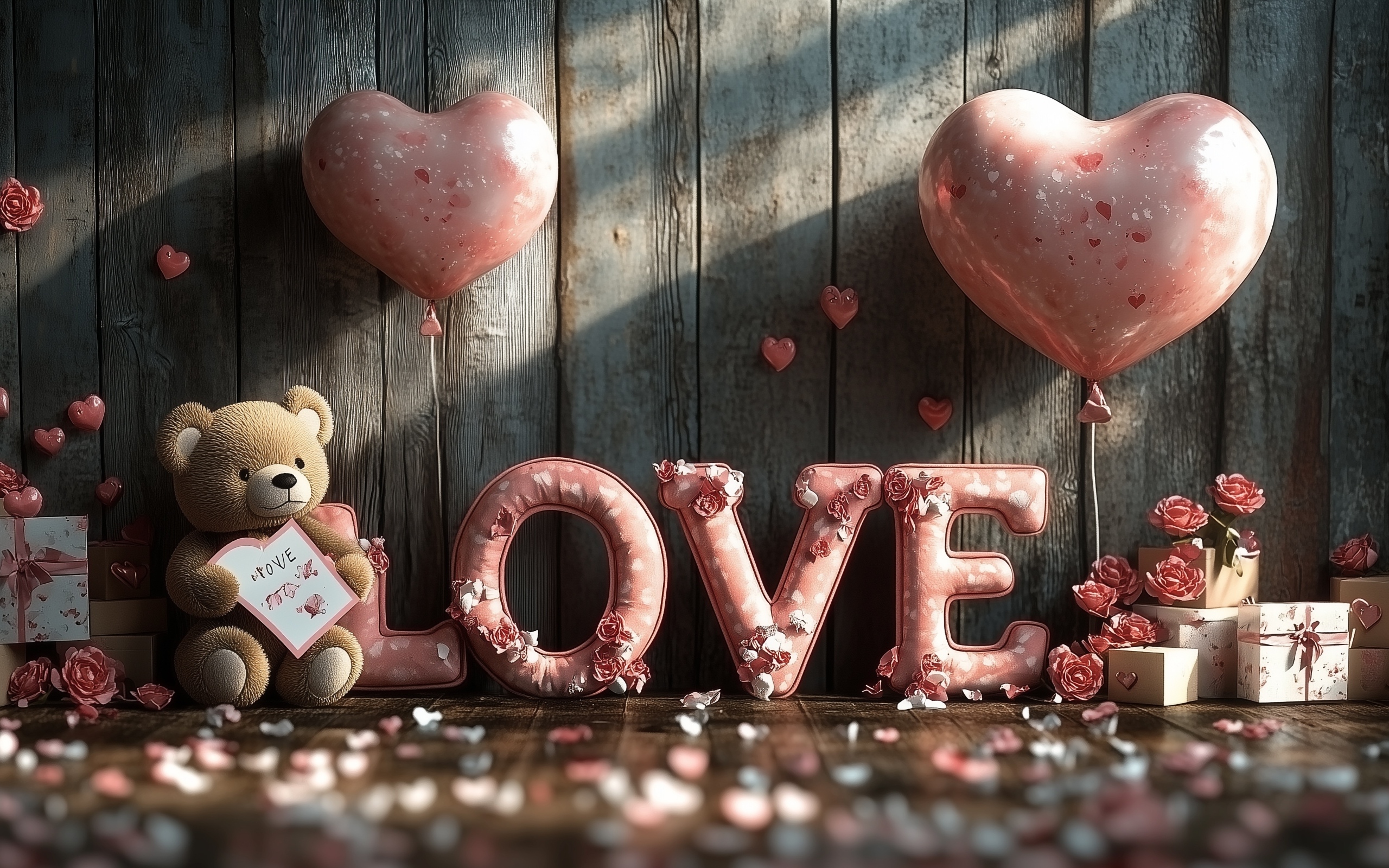 Игрушки, воздушные шары и надпись любовь у деревянной стены