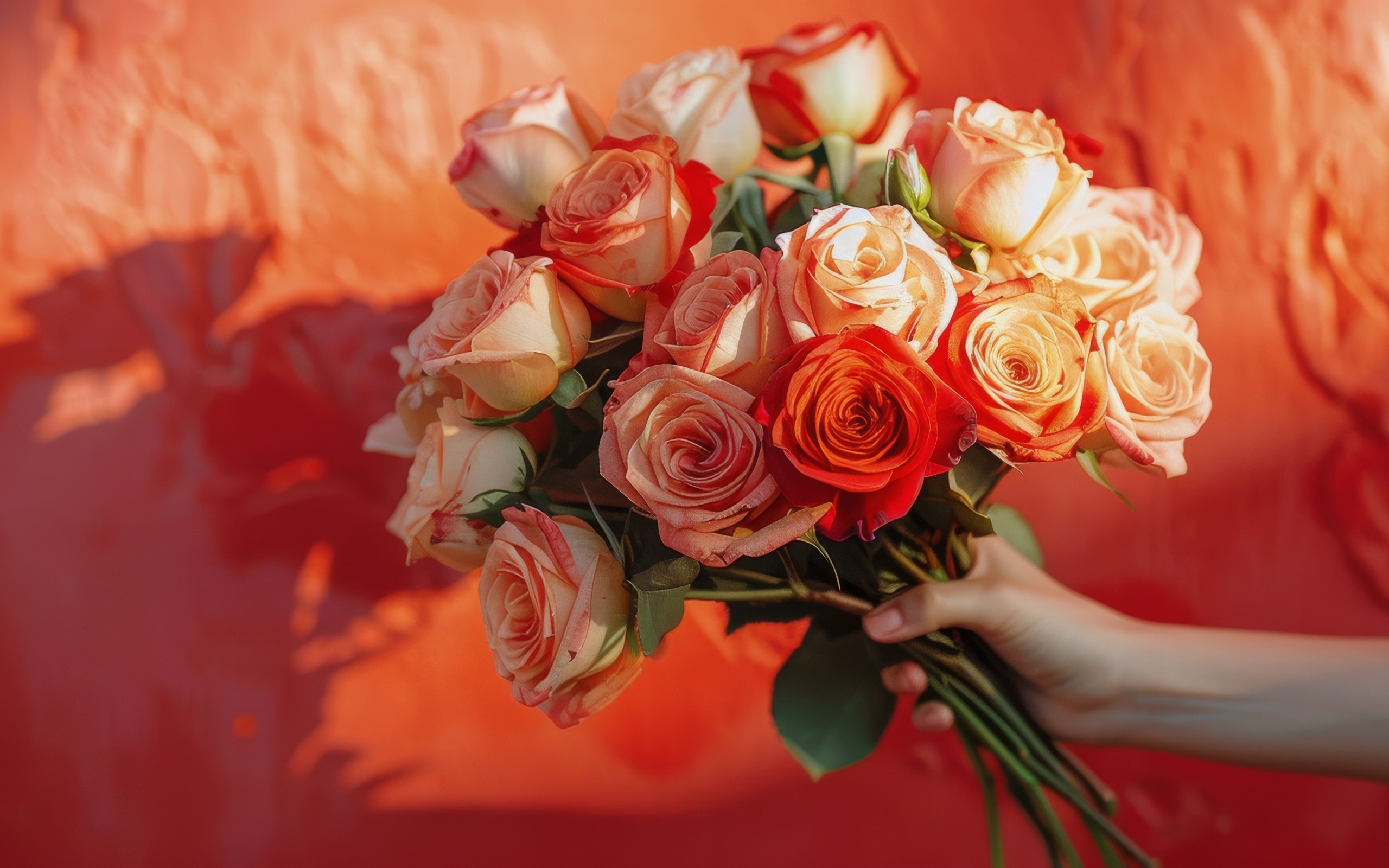 Букет роз в руке на фоне красной стены