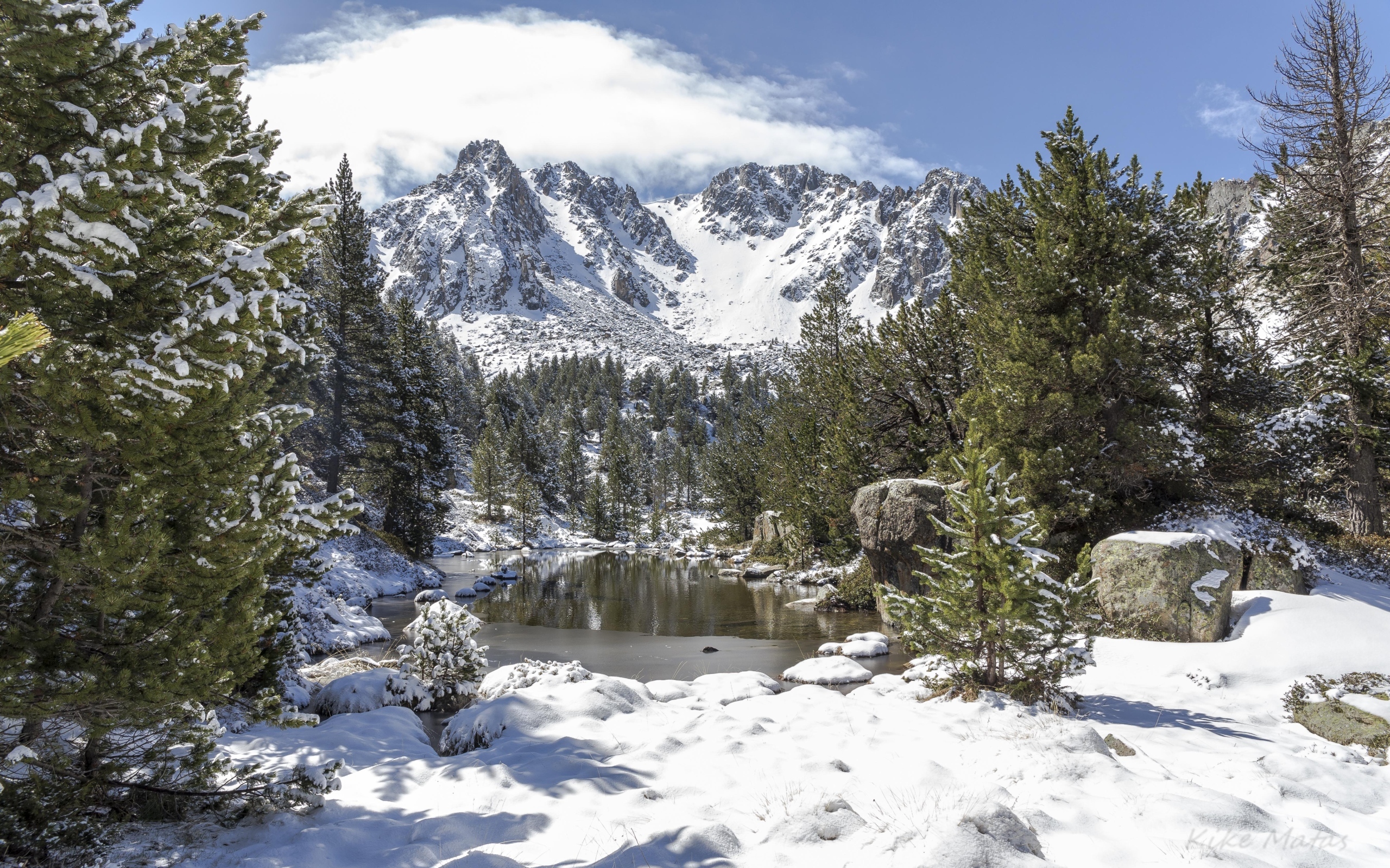 Озеро у покрытых снегом гор в зимнем лесу