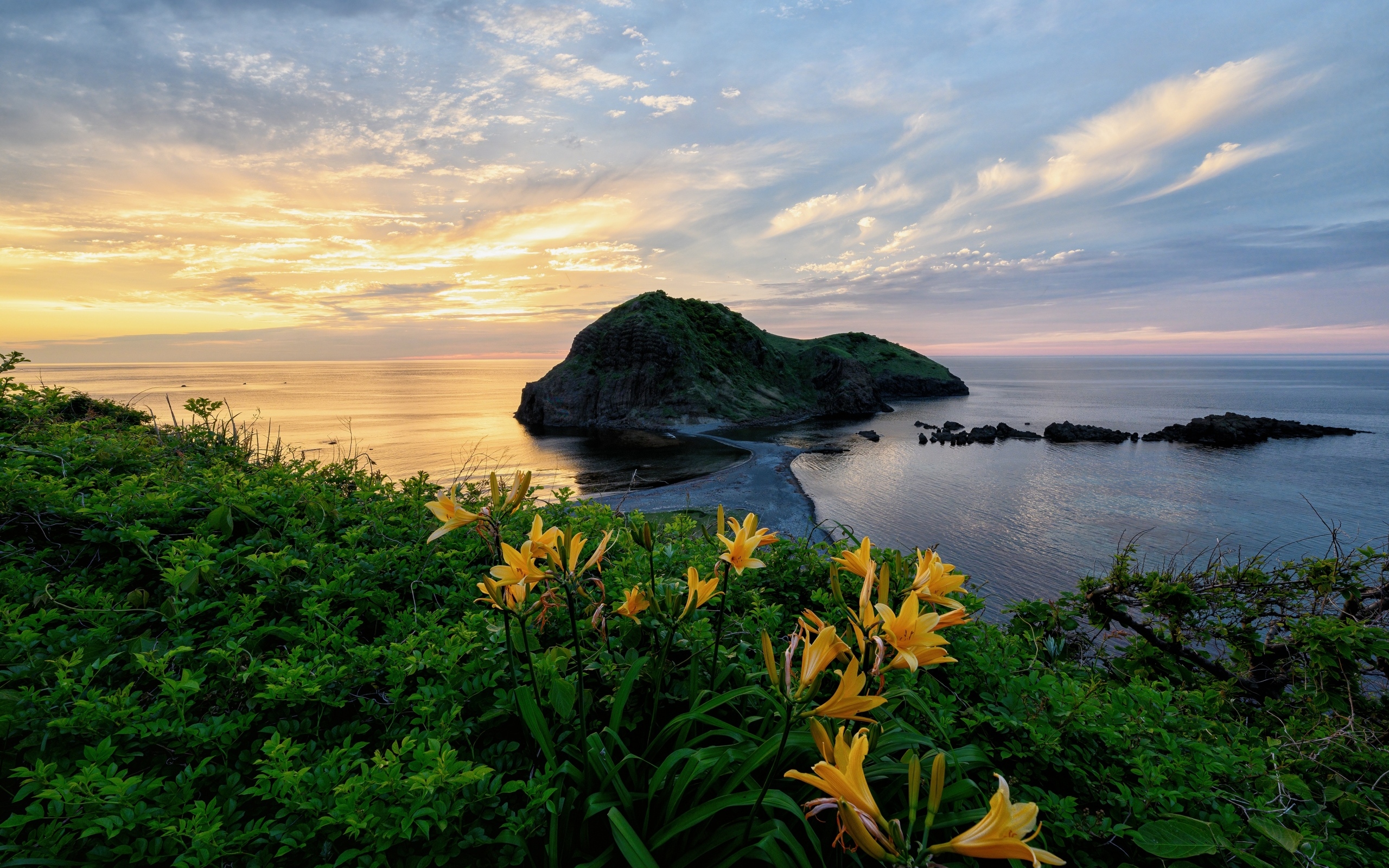 Зеленый остров в океане на закате солнца