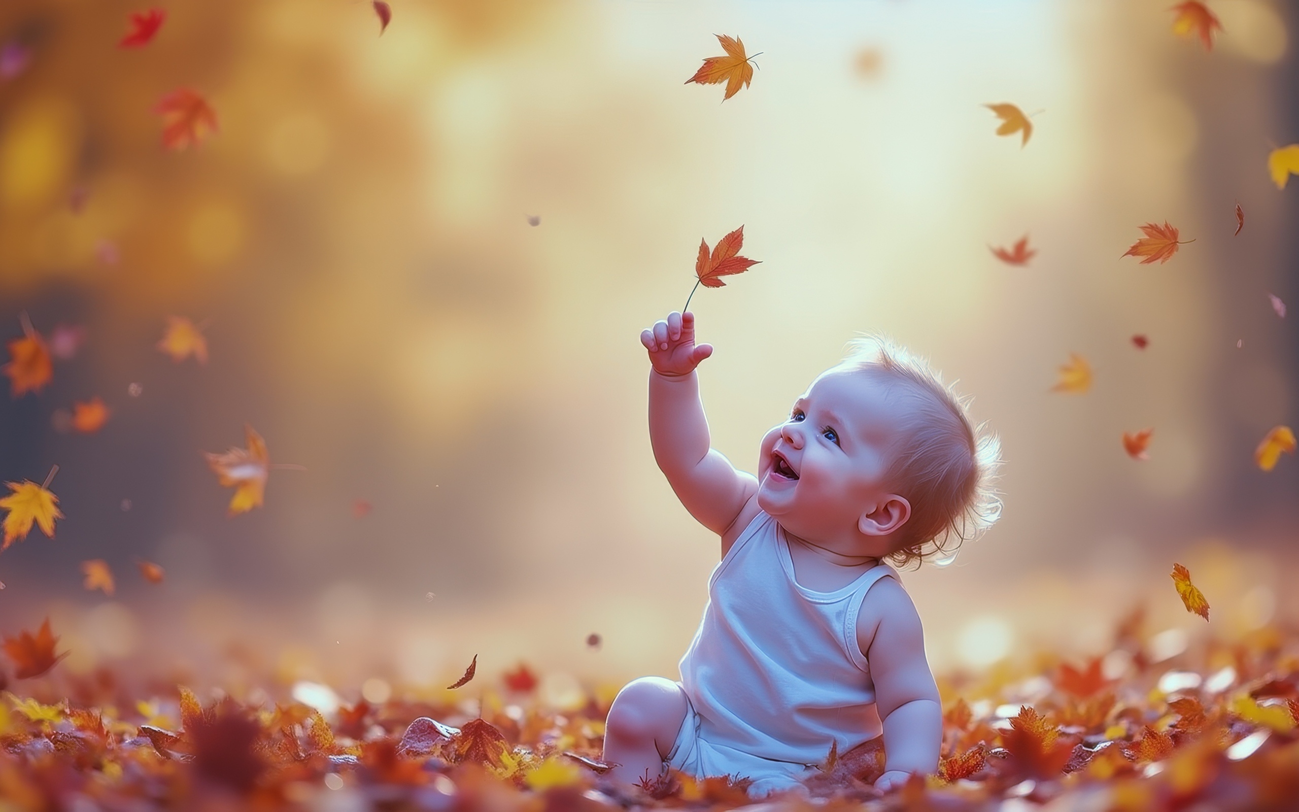 Маленький ребенок сидит на земле с опавшими листьями
