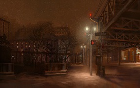 Мелкий снег на ночной улице