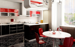 The kitchen and dining room / red and black