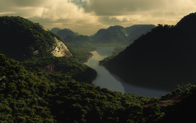 Река вдоль лесных холмов
