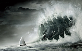 Корабль и волна цунами