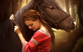 Девушка обнимает лошадь