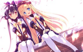 Аниме девочки сидят на бордюре