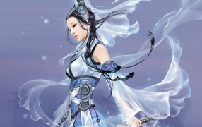 Девушка в голубой одежде с мечом