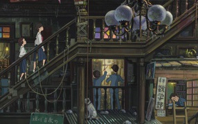 Аниме мультфильм Миядзаки, девушки поднимаются по ступенькам