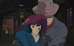 The wind rises аниме мультфильм Миядзаки, персонажи обнимаются