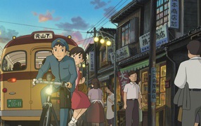 Аниме мультфильм Миядзаки Со склонов Кокурико, парень и девушка на велосипеде