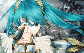 Девушка с голубыми волосами и мечом