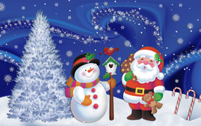 Funny Santa Claus and snowman on Christmas