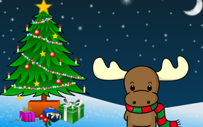 Смешной олень возле ёлки на рождество