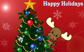 Funny deer peeking out from behind the Christmas tree on Christmas