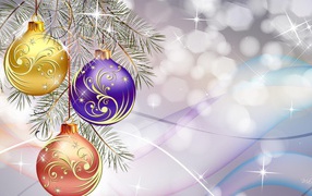 Multi-colored Christmas balls on light background on Christmas