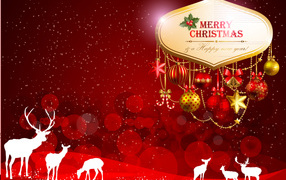 Красная картинка с белыми оленями на рождество