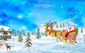 Дед Мороз в упряжке с оленями на рождество