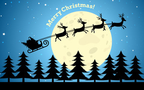Sled with reindeers and Santa Claus on a background of the moon on Christmas