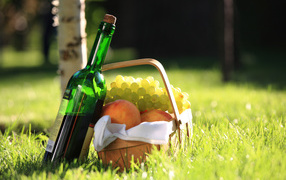 Бутылка вина и фрукты на природе