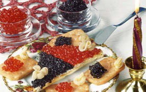 Sandwich with black and red caviar caviar