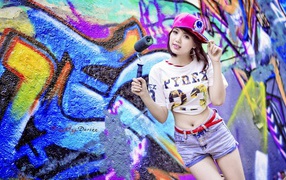 Asians asian girls caps graffiti short jeans wallpaper