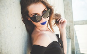 Megan Coffey blue lips brunettes sunglasses women wallpaper
