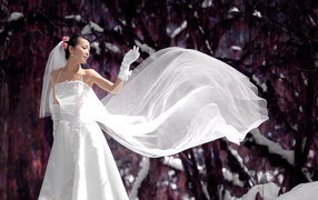 Невеста в свадебном платье на снегу