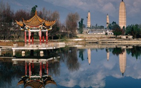 Asian landscape with pagodas