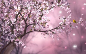 Цветущее дерево с желтой птичкой