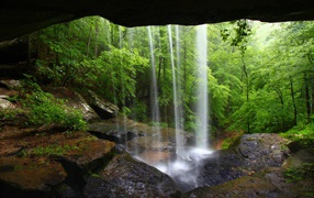 The view of the waterfall from the cave