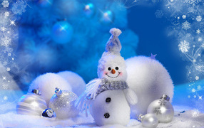 Cheerful snowman and Christmas tree decorations