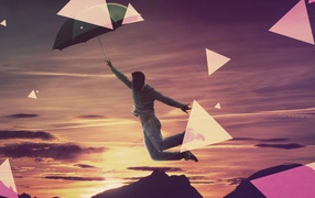 Человек летит на зонтике