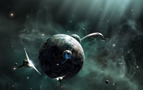 Космические корабли летают у планеты