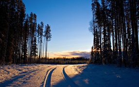 Snow-covered road in the evening