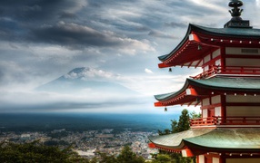 Pagoda in Japan and view of mount Fuji