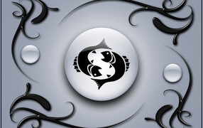 Знак рыбы на сером фоне с чёрным орнаментом 