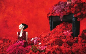Девушка в красных цветах на красном фоне
