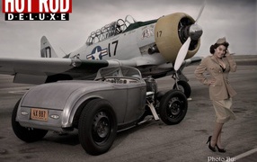 Retro photo with the girl car and airplane