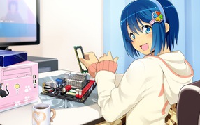 A girl collects computer
