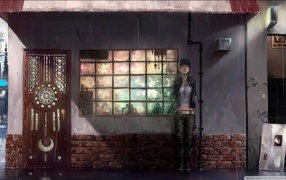 Девушка спряталась от дождя