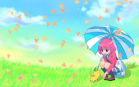 Девочка с зонтиком и котенком