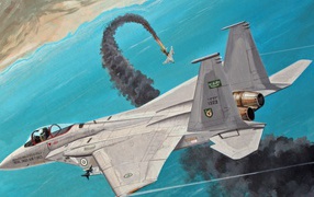 Подбитый самолет падает в море